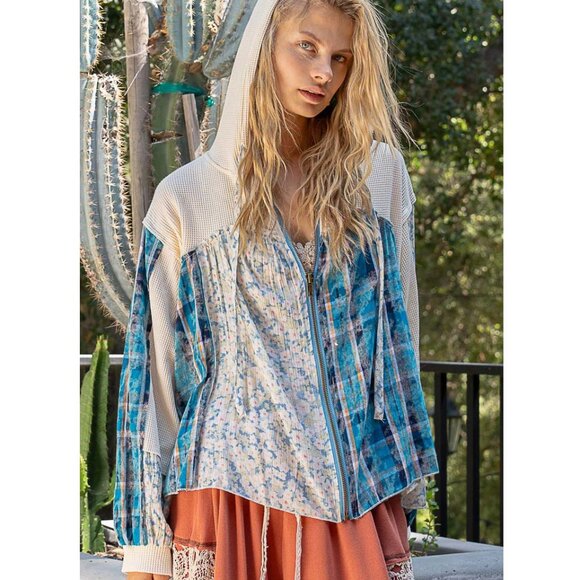 POL Cream and Blue Waffle Zip Up Top hoodie Floral Plaid Small - Picture 1 of 7
